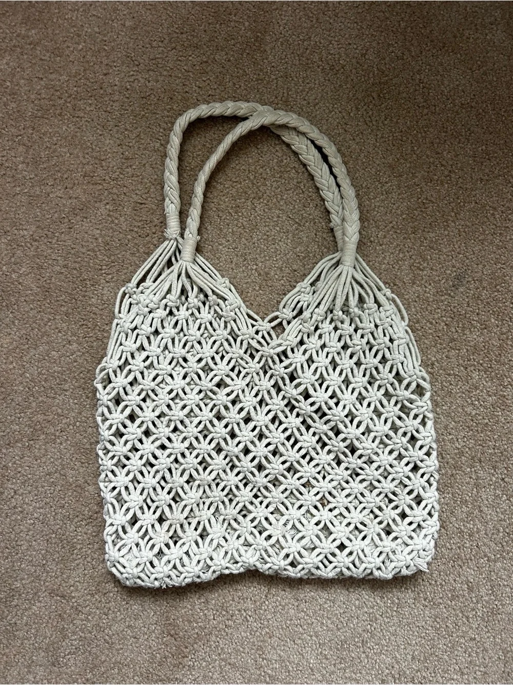 Handmade Cream Macrame Tote Bag with Braided Handles